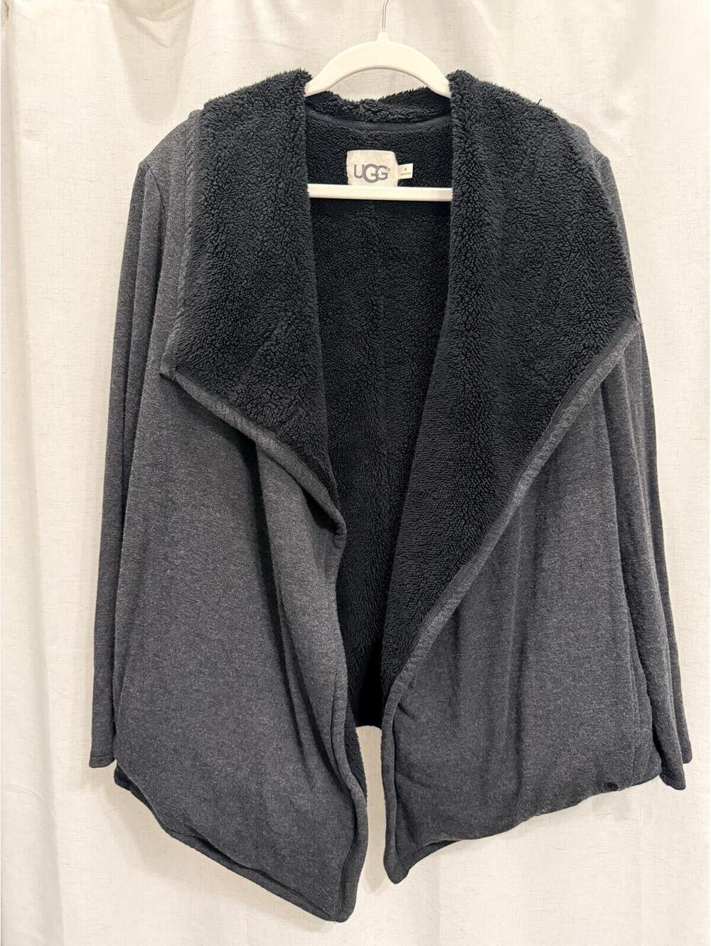 UGG Women's Medium Black Gray Fleece Lined Open Front Cardigan with pockets